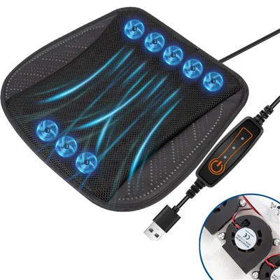 USB Car Seat Summer Cooler Breathable Ice Silk Seat Cushion ( Built-In 8 Fans) - Black