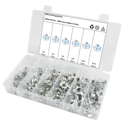 A8074 120Pcs M4+M5+M6+M8+M10 Carbon Steel 4-Prong Nut Kit with Storage Box