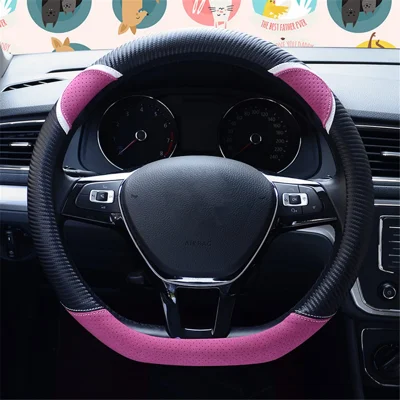 Capa de volante de carro com design de coelho fofo de 38 cm em formato D - Preto + Rosa
