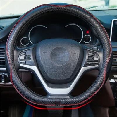 Capa de Volante de Couro Genuíno de Vaca Antiderrapante com Relevo de 38 cm, Tipo D - Borda Preta+Vermelha