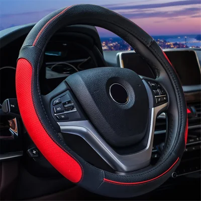 Copri Volante per Auto Rotondo da 38 cm in Pelle Finta Traspirante - Nero+Rosso