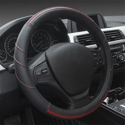 Capa de Volante de Carro Estilosa de 38cm em Couro de Vaca Antiderrapante - Preto+Vermelho
