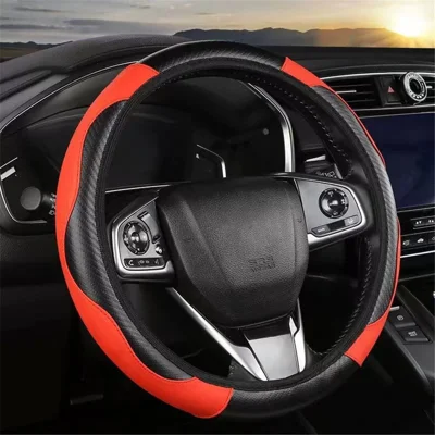 Capa de Volante de Couro e Fibra de Carbono 39cm Anti-Deslizante para Carro - Vermelho