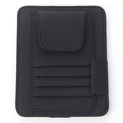 Bolsa de Armazenamento do Quebra-Sol do Carro Textura Litchi Couro PU Cartões Notas Óculos Suporte - Preto