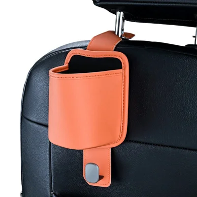 Bolsa trasera para asiento de coche con portavasos de cuero texturizado Nappa + aleación de zinc, contenedor de almacenamiento multifuncional para interior de coche - Naranja