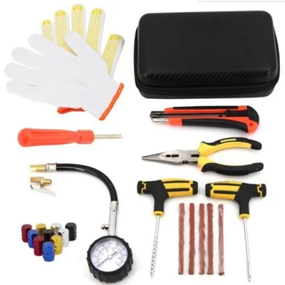 10Pcs / Set Car Tyre Puncture Repair Kit Tire Pressure Gauge Wrench Rubber Strip Auto Repair Kit