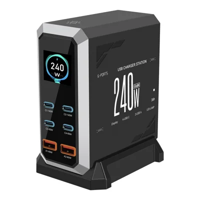 HHW 240W GaN USB-C 6-Port Charger Station PD Power Adapter with Color Display for Phone / Laptop / Earphones - Black / EU Plug