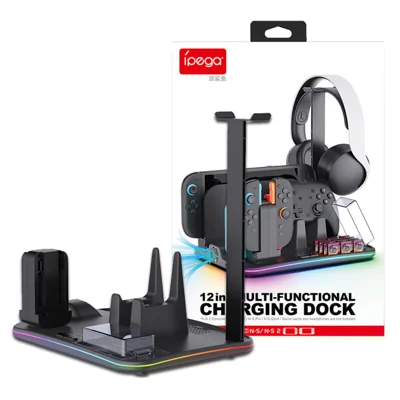 IPEGA PG-SW2065 For Nintendo Switch / Switch 2 RGB Lighting Game Controller Charging Dock with Cooling Fan Headphone Stand - Black