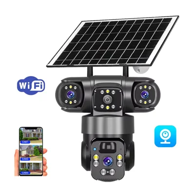 V380 Pro 3 Lens PTZ Camera Outdoor Waterproof Human Detection Two Way Audio Solar Powered WiFi Security Camera - Black