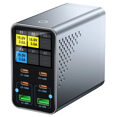 WLX-G3 140W GaN 6-portowy stacjonarny zasilacz z cyfrowym wyświetlaczem, 4 USB-C + 2 USB-A, szybkie ładowanie, obsługa protokołu AVS i PPS dla laptopa/telefonu/tabletu – wtyk US