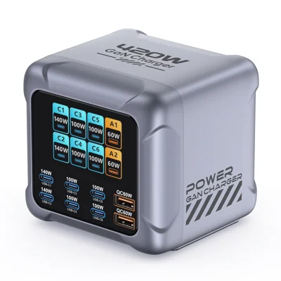 BK-126D 6 USB-C + 2 USB-A 8-Port GaN Desktop Charger 140W Fast Charging Station with Colorful LCD Screen - EU Plug