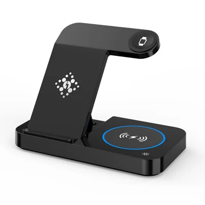 Support de chargeur sans fil pliable pour téléphone/montre/écouteurs, station de charge rapide 15 W - Noir