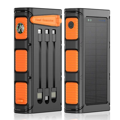 Banco de Energia Solar com Manivela 20000mAh PD 20W Carregamento Rápido Carregador Portátil com Luz LED para Acampamento ao Ar Livre - Laranja