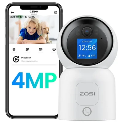 ZOSI C519M 4MP Smart WiFi-sikkerhedskamera 360 grad panorerende 90 grad hældning 1,44 tommer skærm to-vejs videoopkald persondetektion natlig synlighed sikkerhedskamera til hjem baby kæledyr overvågning - Hvid