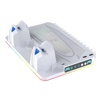 8043 Cooling Stand Dual Controller Charging Station for PS5  /  PS5 Slim  /  PS5 Pro RGB LED Lights Game Storage Rack - White