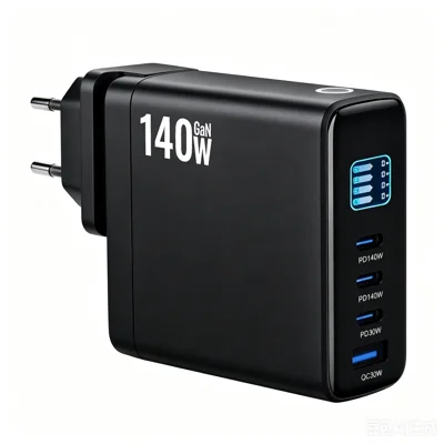Carregador de Parede 140W GaN com Ecrã TFT, 3 USB-C + 1 USB-A Adaptador de Alimentação Rápida, Tomada UE - Preto