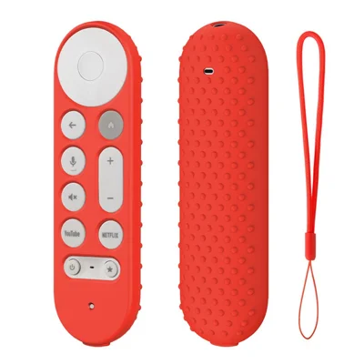 Silicone Case for Google TV Streamer 4K Remote Control Anti-Slip Shockproof Protective Cover with Lanyard - Red