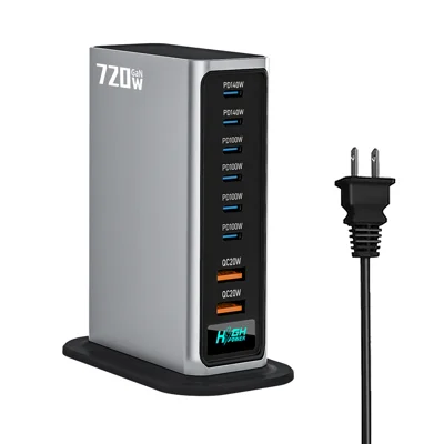 NCC777 140W GaN Desktop Charger USB-C + USB-A 8-Port Fast Charging Station for Laptop Phone - US Plug/Silver