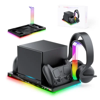 JYS-SDM003 per Steam Machine/Steam Controller, Dock di Ricarica Multifunzione con Supporto per Cuffie, Ventola di Raffreddamento RGB - Nero