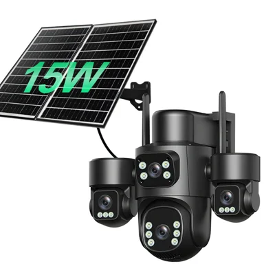 15W Solar Powered 4-Lens IP66 Waterproof Outdoor Security Camera, 4G European Version (without Memory Card) - Black