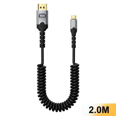 2m Coiled Type-C to DisplayPort DP 2.1 Cable, 16K / 60Hz Audio Video Mirroring, TPU Jacket - Black+Grey