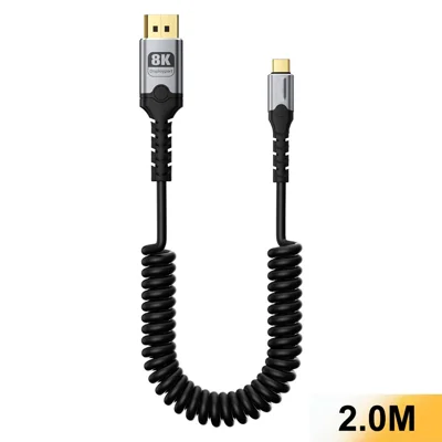 2m Coiled Type-C to DisplayPort DP 2.1 Cable, 8K  /  60Hz Audio Video Mirroring, TPU Jacket - Black+Grey