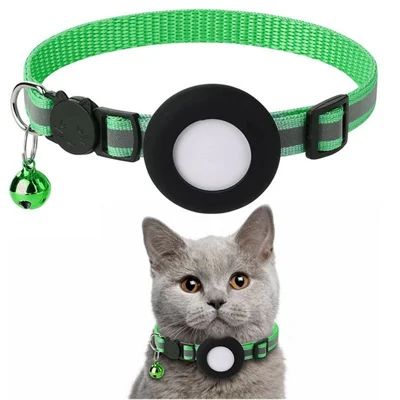 For Airtag Cat Collar with Bell Adjustable Safety Buckle Reflective Nylon Pet Collar with Silicone Case - Green