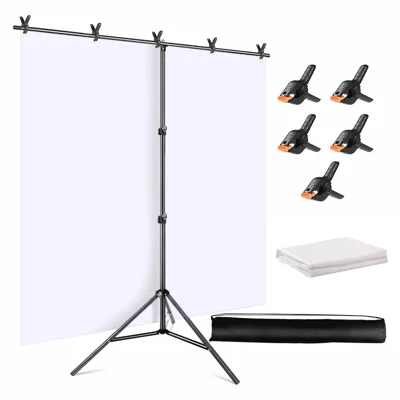 T-förmiges Fototapeten-Stand-Kit mit 1,5 x 2 m Hintergrund und 5 Klammern für Studioaufnahmen – Weiß