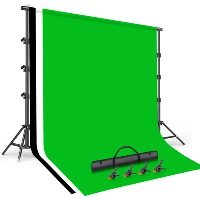 2,6 x 3 m verstellbarer Hintergrundständer mit 3 Hintergrundtüchern, tragbares Fotografie-Set – Hintergrundtücher in Grün, Weiß und Schwarz