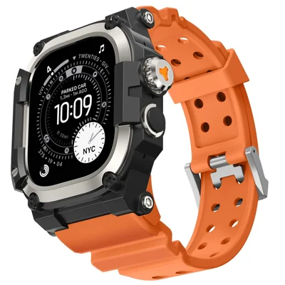 AHASTYLE TPU Strap for Apple Watch Ultra 3 49mm / Ultra 2 49mm / Ultra 49mm Breathable Watchband with Shockproof Armor Rugged Watch Case - Orange