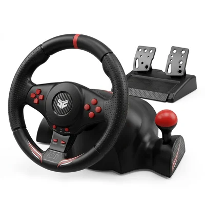 DATA FROG Racing-hjul til Sony PS 5/4/3/Nintendo Switch, dualmotor vibrationshjul med pedaler - Sort+Rød