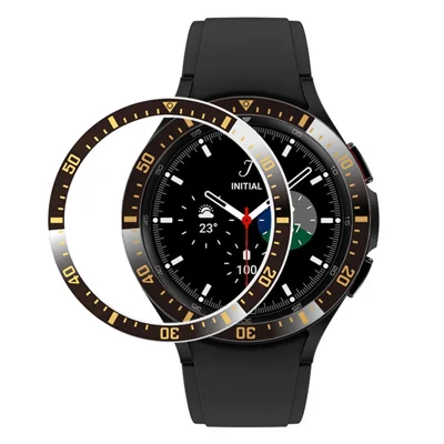 For Samsung Galaxy Watch4 Classic 46mm Metal Bezel Ring Anti-Scratch Bezel Loop Adhesive Cover (Type A) - Black / Gold Characters