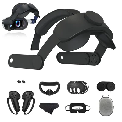 For Meta Quest 3 9-Piece Accessory Kit Head Strap Lens Hood Eye Mask Silicone Controller Covers Set - Black