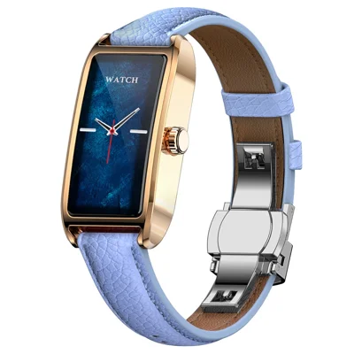 Montre Connectée Dora T pour Femmes Tracker de Fitness Étanche IP68 Moniteur de Fréquence Cardiaque, Bracelet en Cuir - Boîtier Or Rose / Bleu