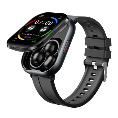 D12 2 in 1 Bluetooth-compatible Earbuds Smart Watch Health Monitoring Fitness Tracker 2.01 Inch TFT Screen Wristwatch, Silicone Strap - Black