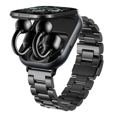 D12 2 in 1 Bluetooth-compatible Earbuds Smart Watch Health Monitoring Fitness Tracker 2.01 Inch TFT Screen Wristwatch, Steel Strap - Black