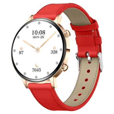 MK96 Leather Strap Smart Watch 1.32 Inch AMOLED Screen Women Health Monitor Bluetooth-compatible Calling Wristwatch - Red