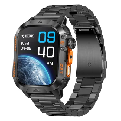 HT46 Outdoor Sports Smart Watch with Steel Band 2.01 Inch IPS 1200mAh Battery IP68 Waterproof LED Flashlight Bluetooth-compatible Calling Health Monitor for Outdoor Adventure - Black