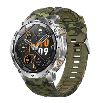 AK102 Smartwatch mit Tarnsilikonarmband, 1,7-Zoll-Bildschirm, Bluetooth-kompatible GPS-Ortung, Anruf-, Gesundheitsmonitor, großer Akku, Outdoor-Sportuhr - Silber