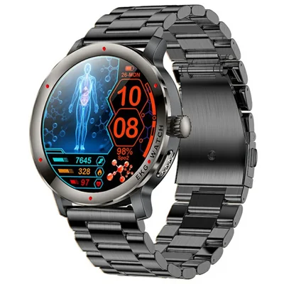 KC102 1.32 Inch AMOLED Smart Watch with 3-Bead Steel Strap ECG Heart Rate Blood Oxygen Body Temperature Monitor 120+ Sports Modes - Black