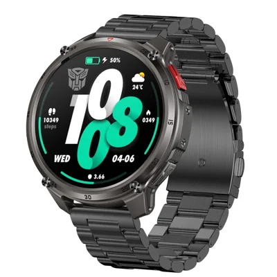 HT50 Smart Watch 1.7-Inch Round 360 x 360 IPS Display, 1200mAh Battery, IP68 Waterproof, Steel Strap - Black