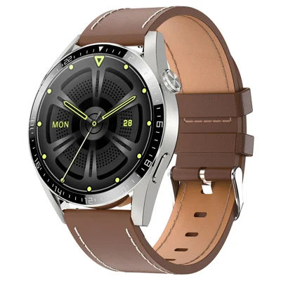 i39 1.28 inch Round Full Touch Screen Smart Watch Music Control Bluetooth-compatible Call Heart Rate Monitor Sports Wristwatch, Leather Strap - Brown