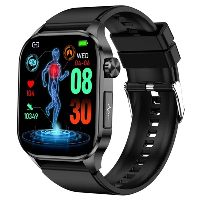 ET580 2.04" AMOLED Screen ECG Health Monitor Smart Watch, Silicone Strap - Black