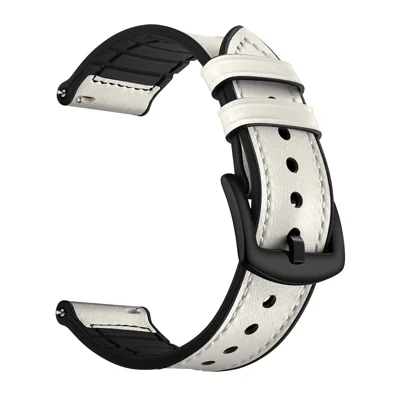 For Samsung Galaxy Watch4 Classic 46mm 42mm / Galaxy Watch4 44mm 40mm / Galaxy Watch 42mm Quick-Release-20mm Silicone Cowhide Leather GW-Midnight Black Watch Band - White