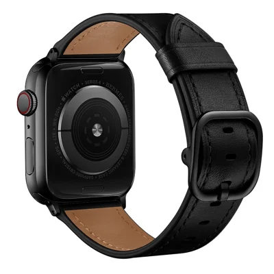 Genuine Leather Watch Band Replacement for Apple Watch Ultra 4 3 2 1 49mm / Series 12 11 10 46mm / 9 8 7 45mm / SE3 SE2 SE 6 5 4 44mm / 3 2 1 42mm - Black