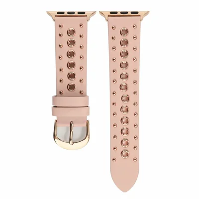 Rivet Punk Style Genuine Leather Watch Replace Strap for Apple Watch Series 12 11 10 42mm / 9 8 7 41mm / SE3 SE2 SE 6 5 4 40mm / 3 2 1 38mm - Pink