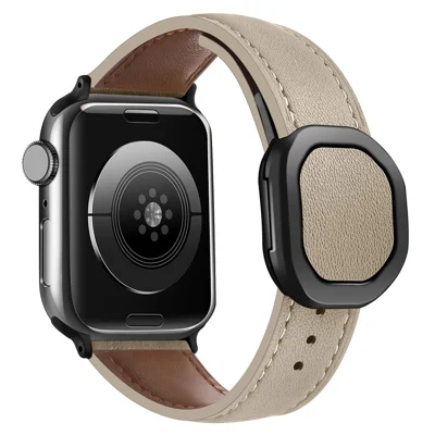 Genuine Cow Leather Strap for Apple Watch Series 12 11 10 42mm / 9 8 7 41mm / SE3 SE2 SE 6 5 4 40mm / 3 2 1 38mm Magnetic Buckle Wrist Band - Apricot