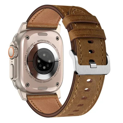 For Apple Watch Ultra 4 3 2 1 49mm / Series 12 11 10 46mm / 9 8 7 45mm / SE3 SE2 SE 6 5 4 44mm / 3 2 1 42mm Genuine Cow Leather Band - Titanium Connector+Dark Brown
