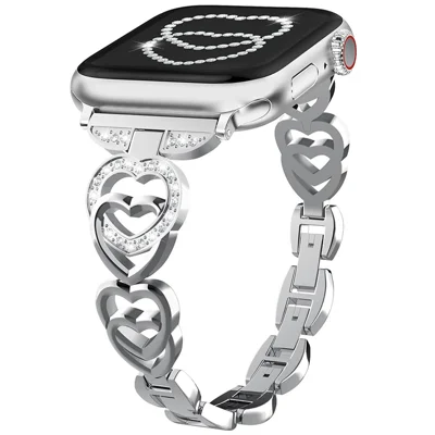 For Apple Watch Series 12 11 10 42mm / 9 8 7 41mm / SE3 SE2 SE 6 5 4 40mm / 3 2 1 38mm Zinc Alloy Band Love Heart Design Watch Strap - Silver