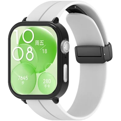 For Huawei Watch Fit 3 Magnetic Buckle Watchband Soft Silicone Watch Strap with Blackpc Watch Case - White